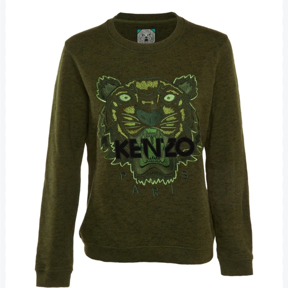 Kenzo Olive Green Crewneck Sweatshirt with Tiger Motif